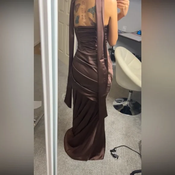 Brown Satin Halter-Back Maxi Dress - Picture 7 of 7